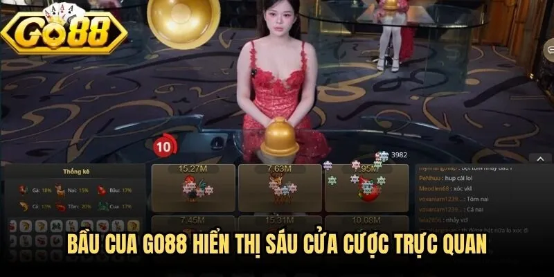 Bầu Cua Go88 - Vào Bàn Cực Nhanh, Trải Nghiệm Cực Cuốn 1 Bầu cua Go88 hiển thị sáu cửa cược trực quan, dễ theo dõi